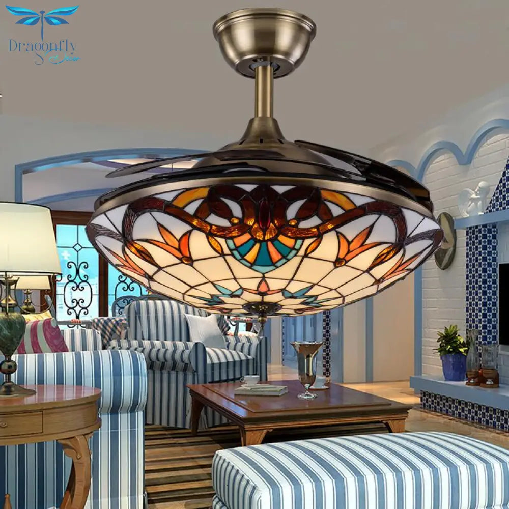Tiffany - Style Invisible Ceiling Fan Lamp - Retro Mediterranean Design With Remote Control Fans