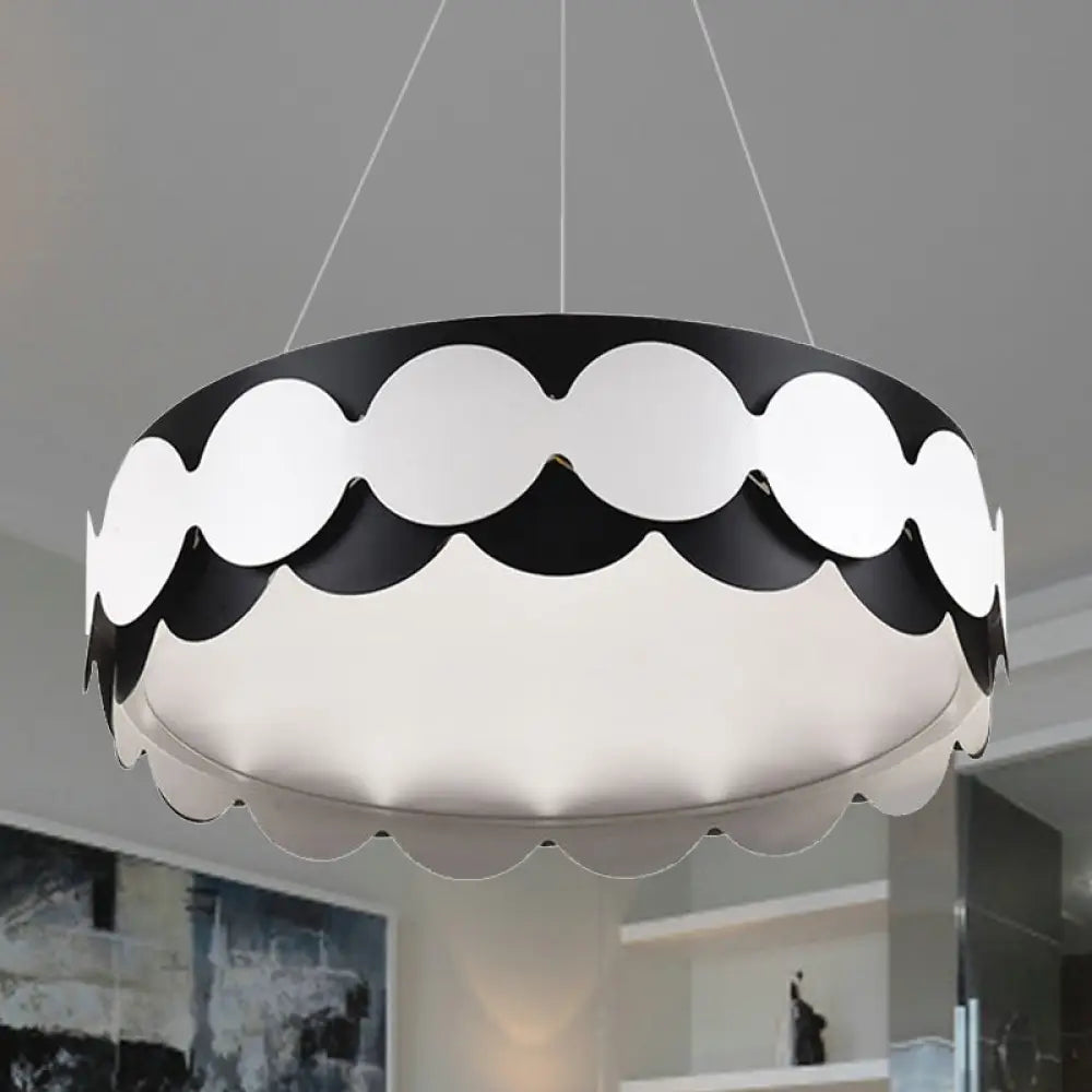 Tiziana - Black Metal Scalloped Drum Hanging Pendant Contemporary Restaurant Integrated Led Lamp In