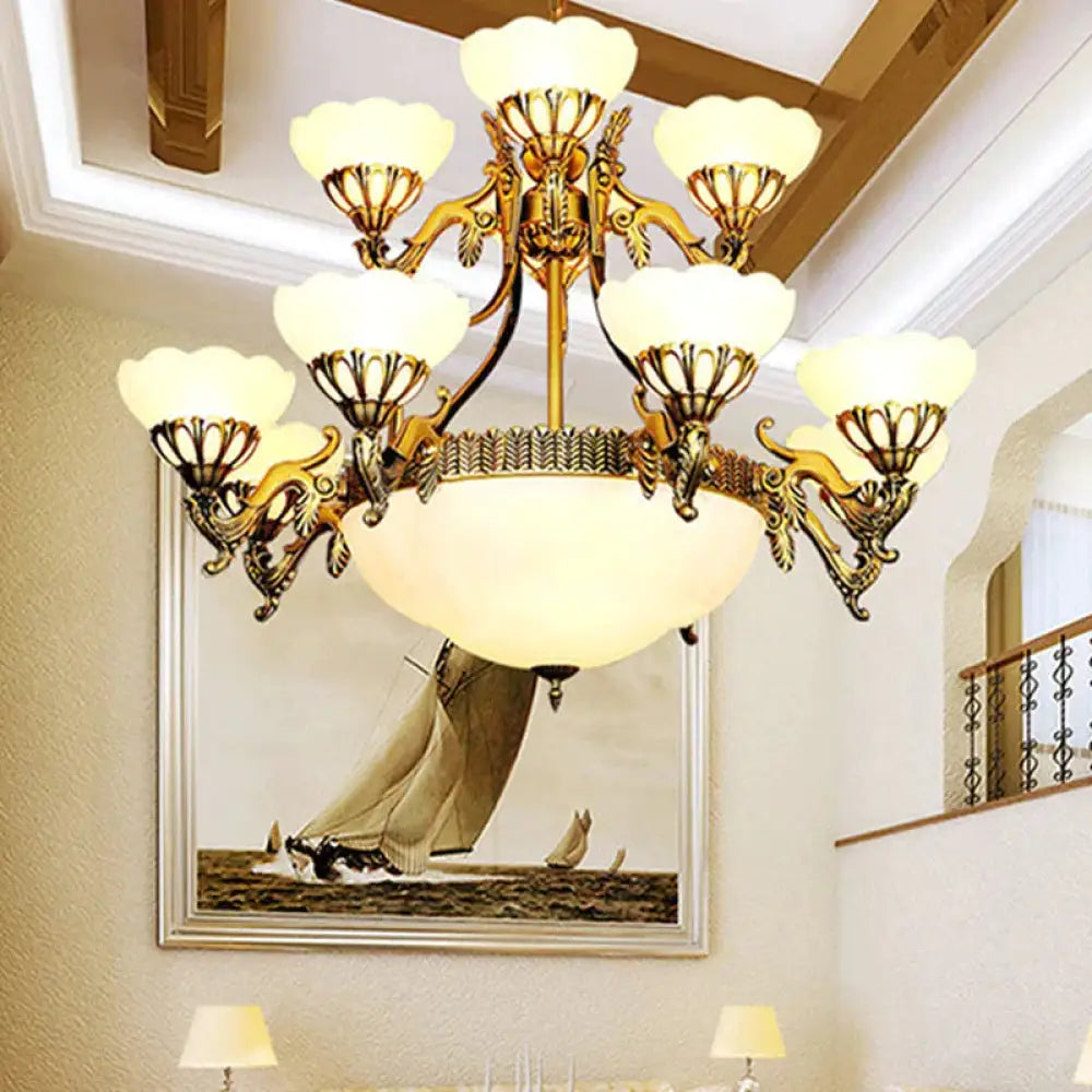 Traditional Brass Multi - Tiered 15 Bulbs Chandelier In Cream Glass
