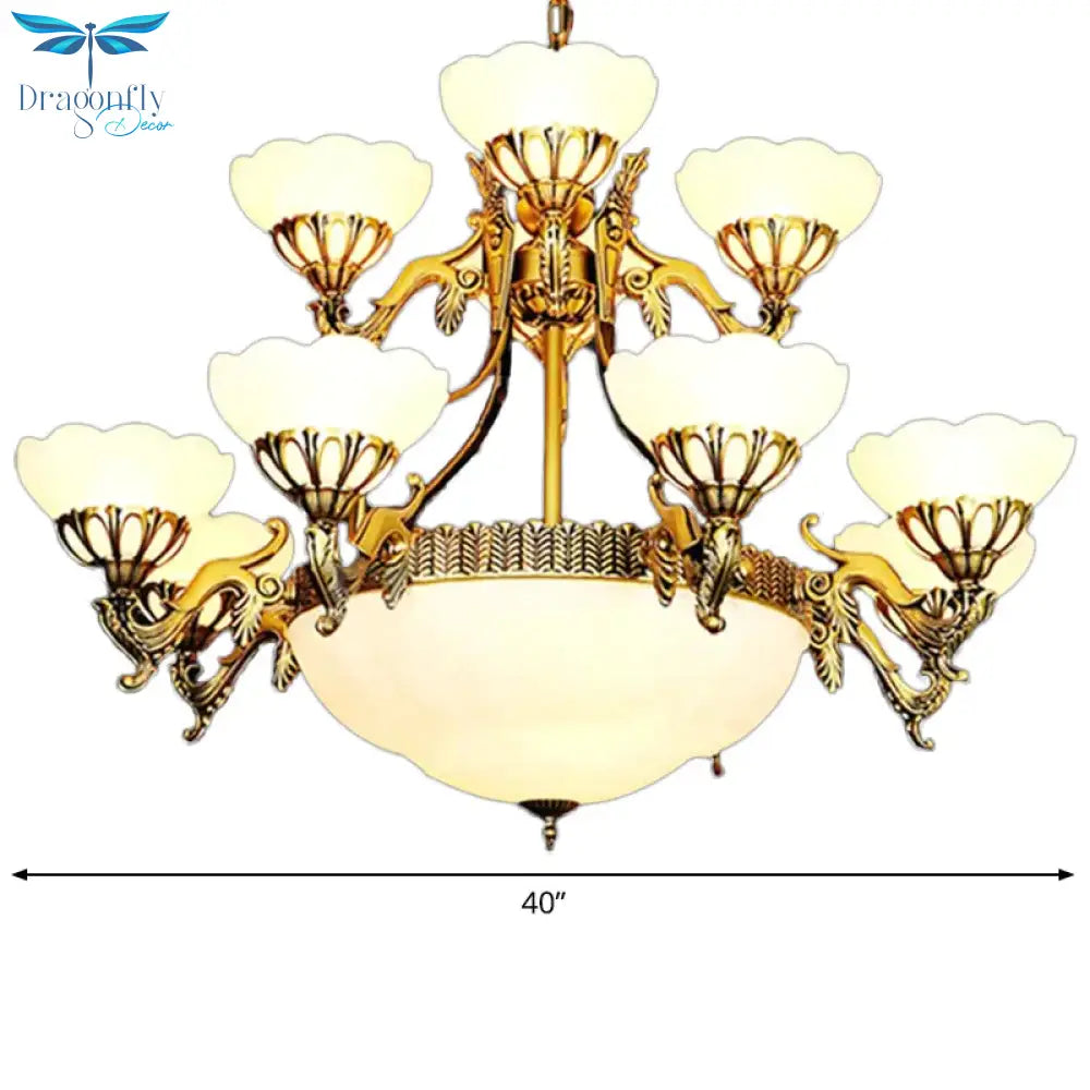 Traditional Brass Multi - Tiered 15 Bulbs Chandelier In Cream Glass