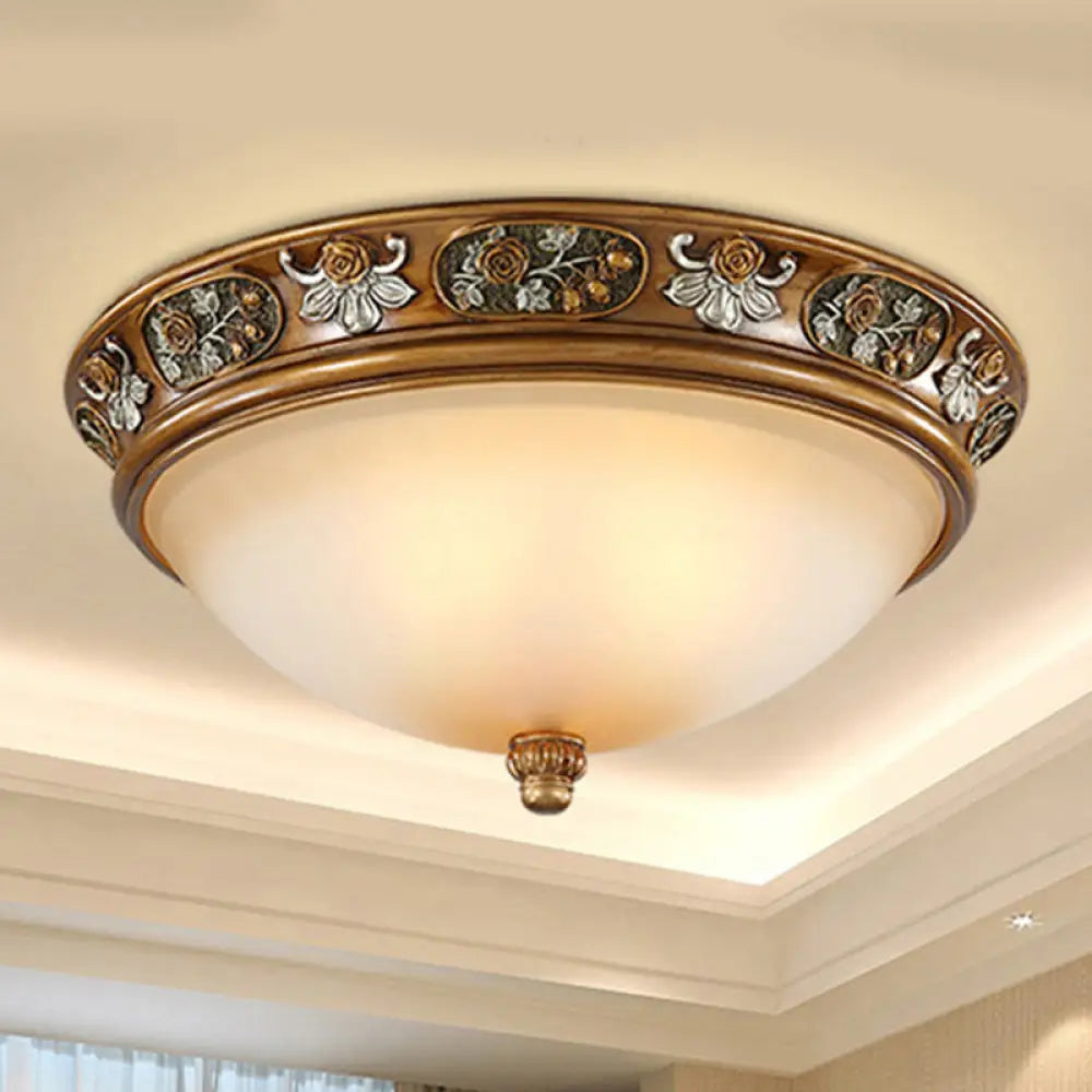 Traditional Brown Frosted Glass Bowl Ceiling Mount With 3 Lights For Bedroom / 15’ Light