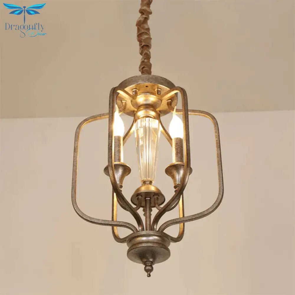 Traditional Caged Hanging Lamp 3 Bulbs Metal Chandelier Light Fixture With Crystal Accent In Aged