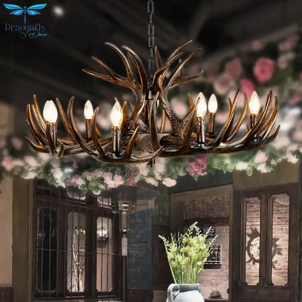 Traditional Candle Hanging Lamp 4/6/9 Bulbs Resin Chandelier Light Fixture With Deer Antler In Brown