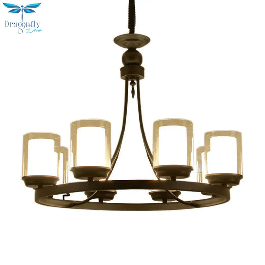 Traditional Cylindrical Clear Glass Pendant Ceiling Lamp In Black 4/6/8 Bulbs Chandelier