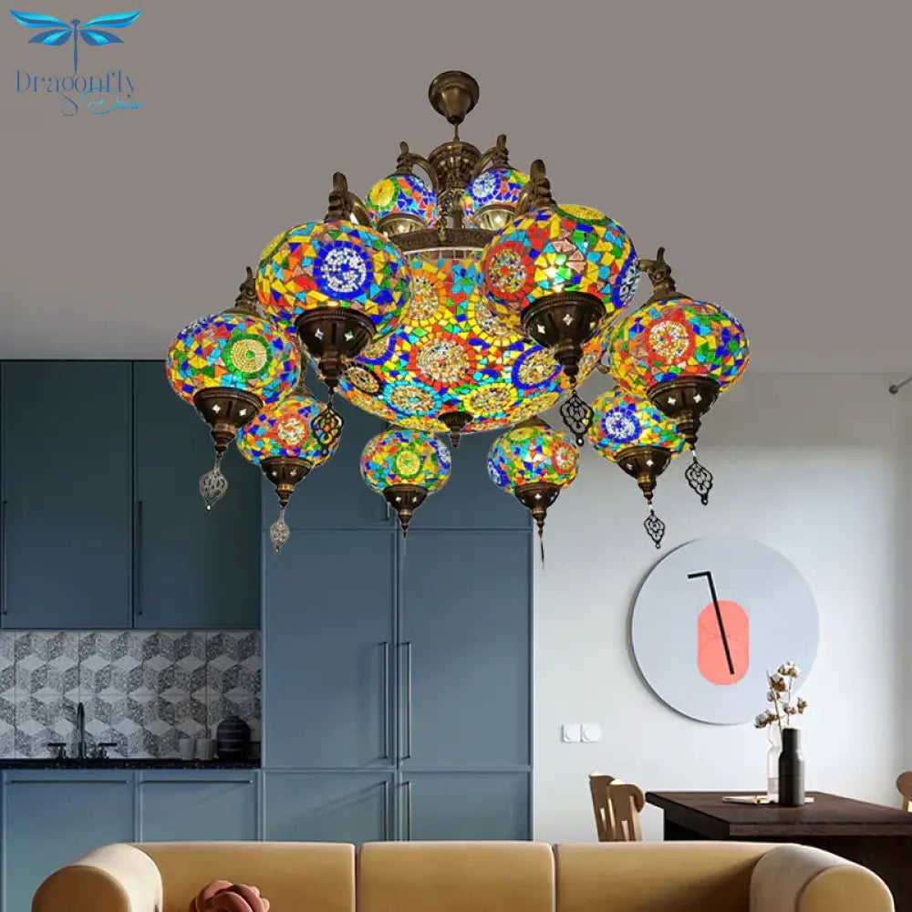 Traditional Oval Ceiling Pendant Light 16 Heads Stained Glass Chandelier Lighting In Bronze