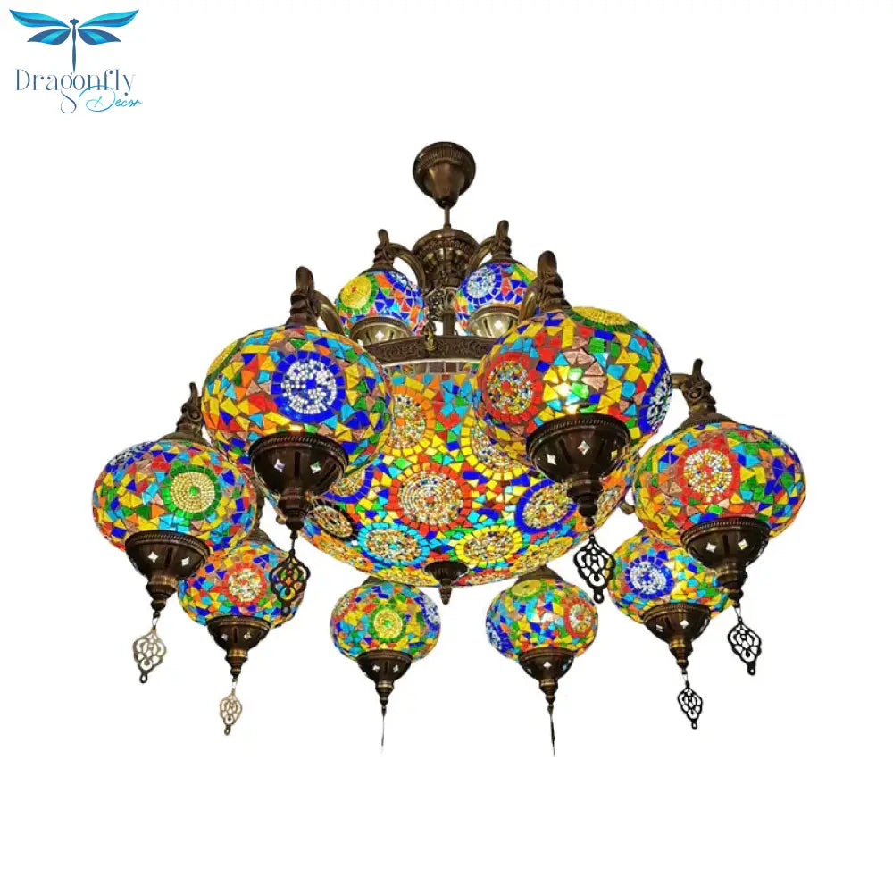 Traditional Oval Ceiling Pendant Light 16 Heads Stained Glass Chandelier Lighting In Bronze