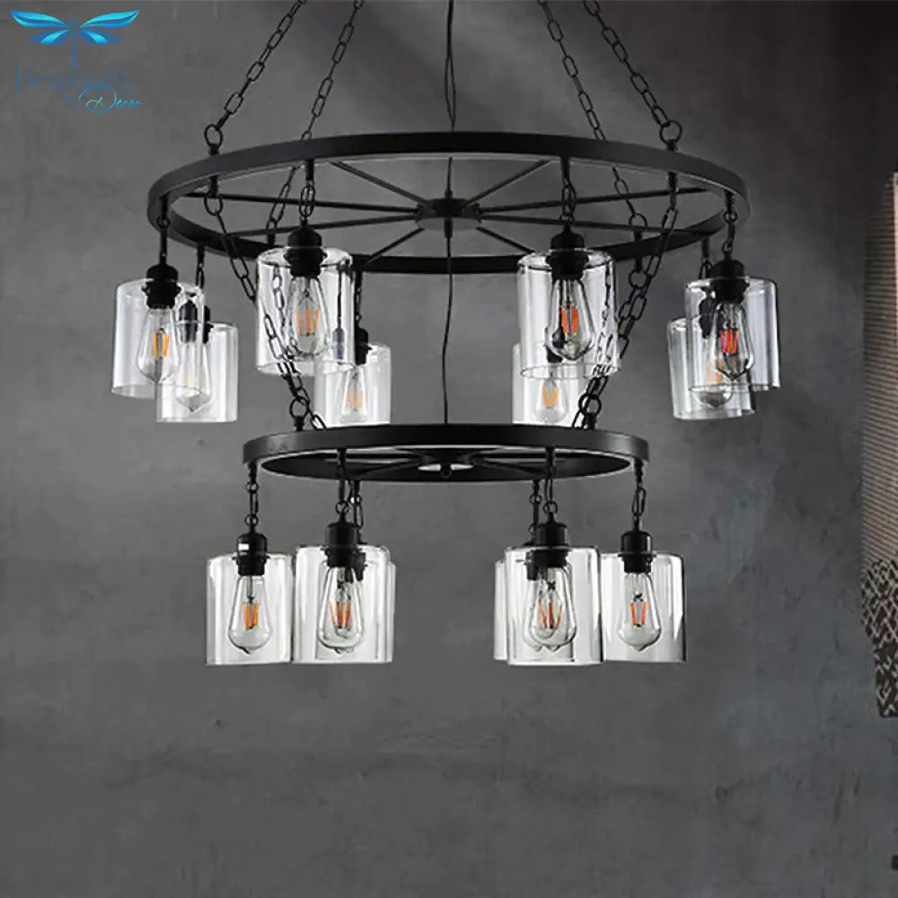 Traditional Two - Tiers 14 Lights Clear Glass Hanging Chandelier In Black With Cylinder Shade