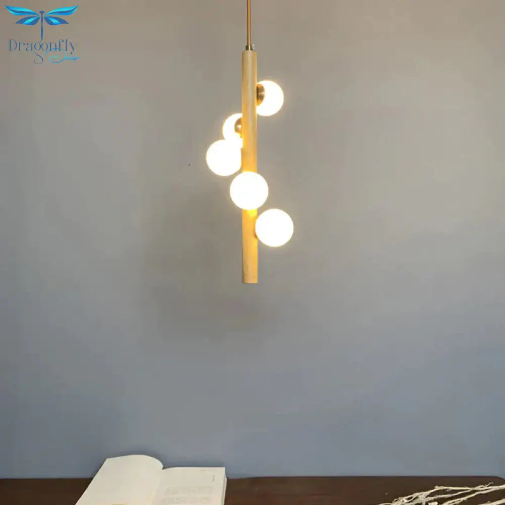 Tube Wood Chandelier Lighting Fixture Asian Style 5 Heads Beige Hanging Ceiling Lamp With Bubble