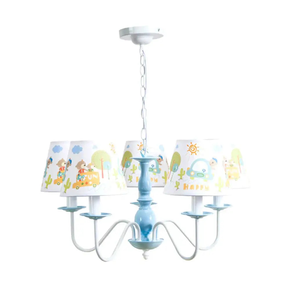 Undertint Tapered Shade Chandelier With Cartoon Pattern 5 Lights Metal Hanging Light For