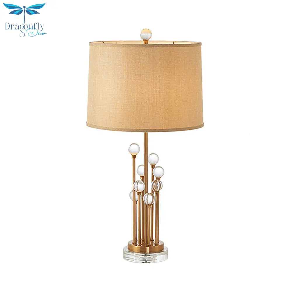 Valentine - Gold Fabric Drum Shade Night Lighting Traditional 1 Light Bedroom Nightstand Lamp In