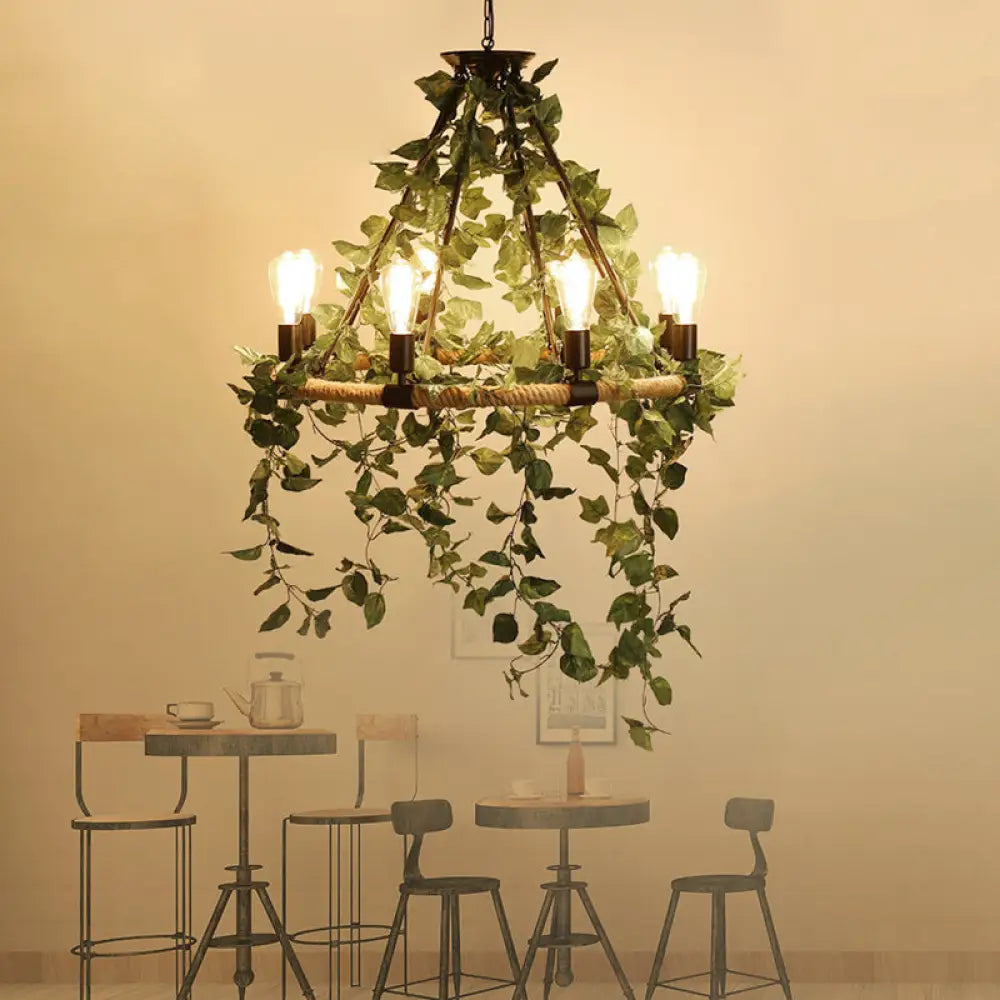 Valeria - Industrial Metal Round Chandelier Light With Plant Decoration 8 / Green