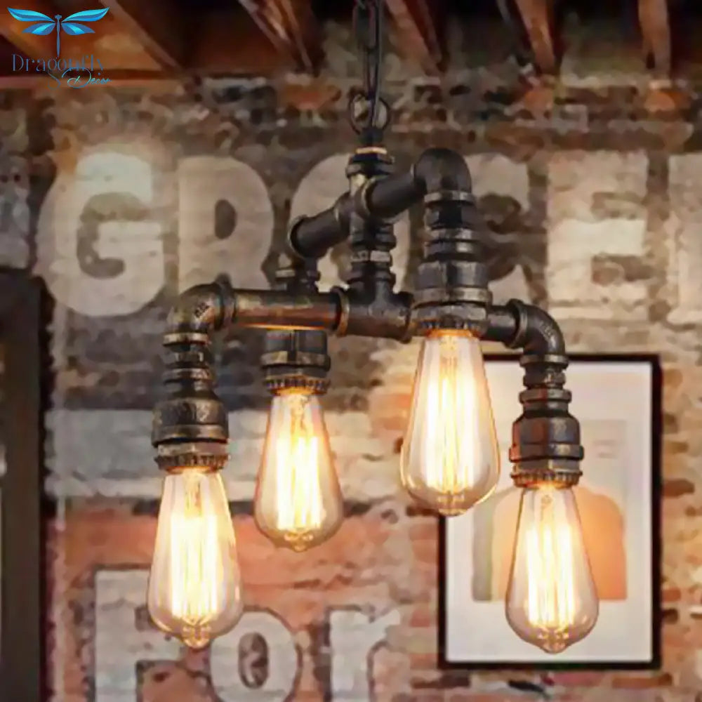 Vera - Industrial 4 Lights 2 - Layer Water Pipe Pendant Rust Metal Hanging Chandelier For Restaurant
