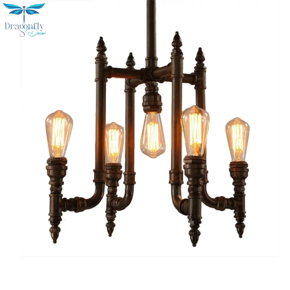 Victoire - Rust 5 Bulbs Chandelier Lighting Antiqued Metallic Radial Pipe Ceiling Hang Fixture For