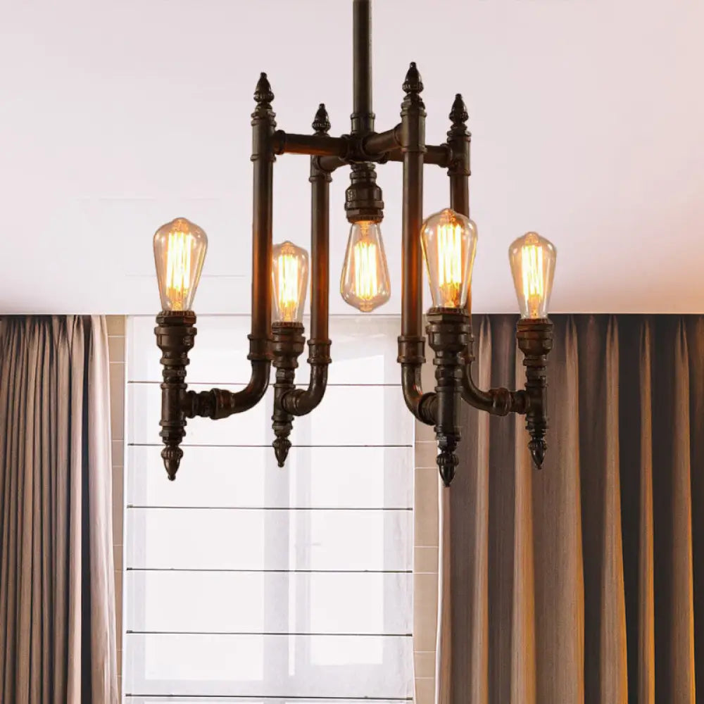Victoire - Rust 5 Bulbs Chandelier Lighting Antiqued Metallic Radial Pipe Ceiling Hang Fixture For