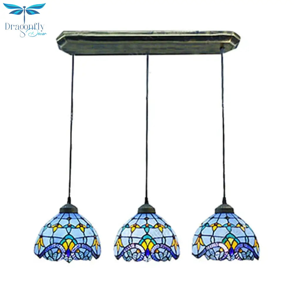 Victorian Dome Pendant Light Stained Glass 3 Heads Linear/Round Hanging In White/Blue For Dining