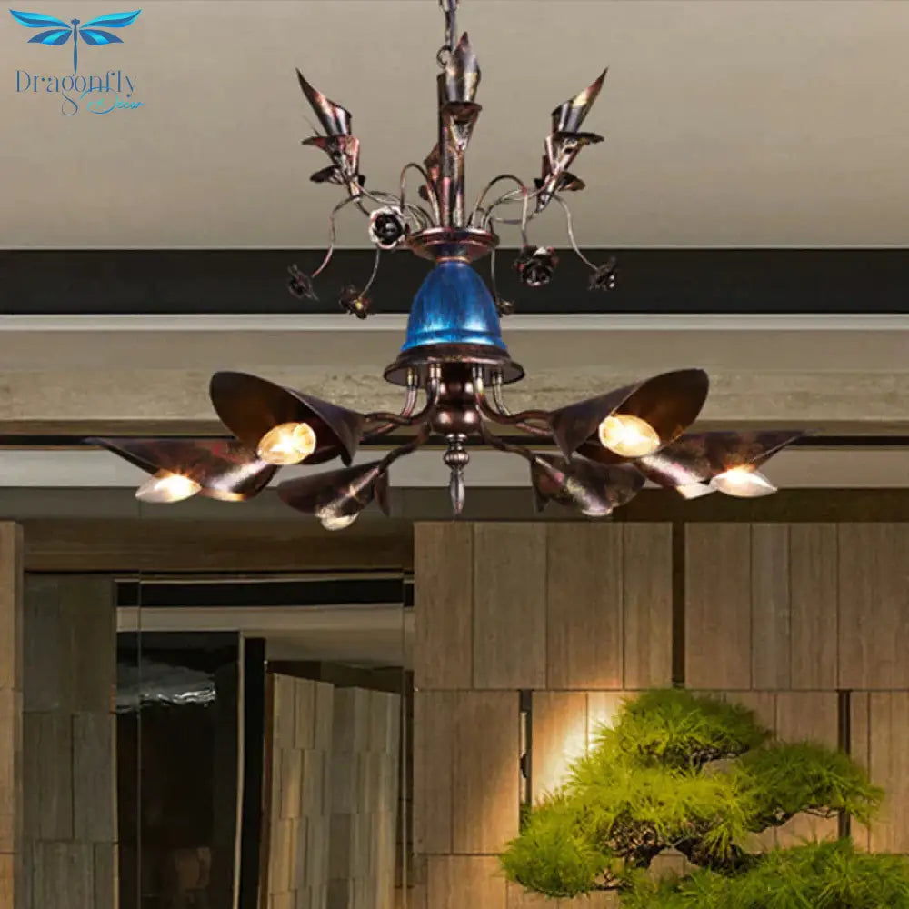 Villa Horn Shade Chandelier Metallic 6 Bulbs Classic Style Pendant Light In Rust