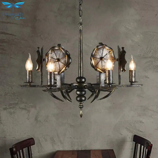 Vintage Aged Brass Chandelier Candle 6 Lights Metallic Pendant Lamp For Farmhouse Cottage Black