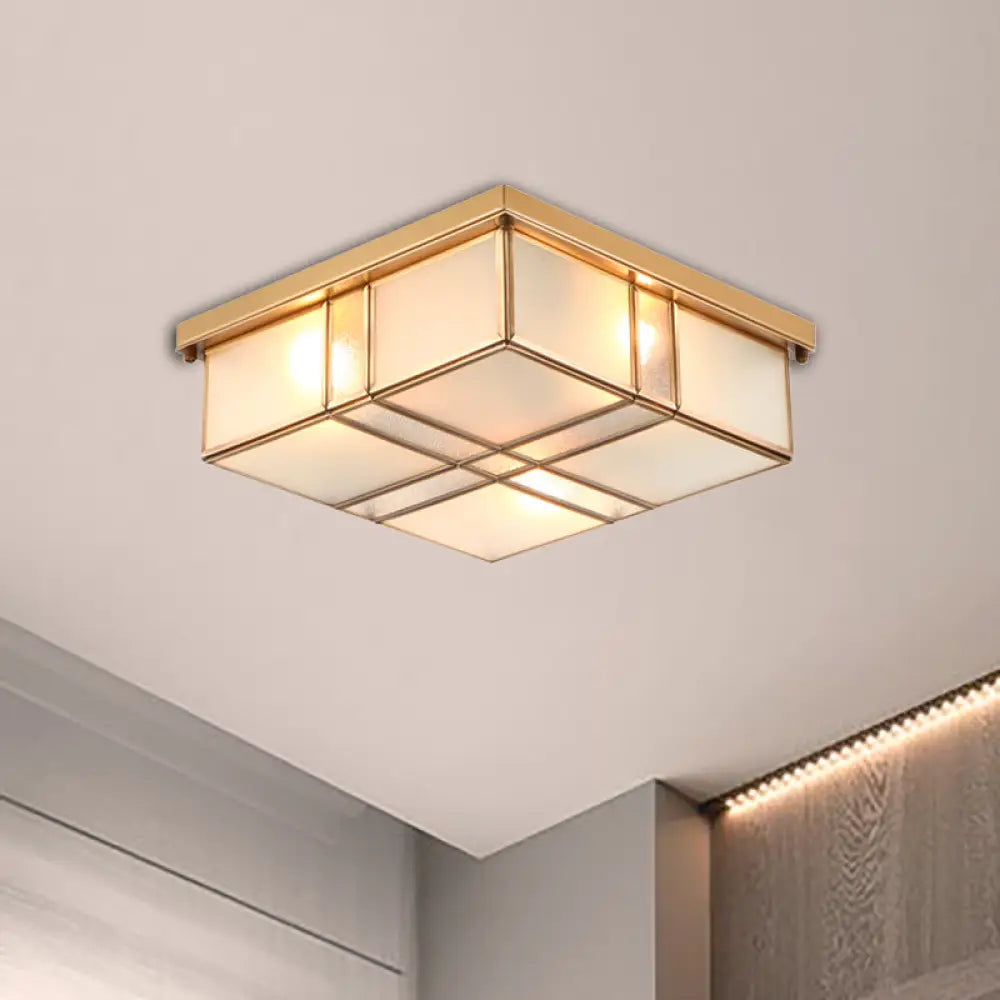 Vintage Brass Square Flush Mount Light With Frosted Glass Shades - Perfect For Bedrooms And
