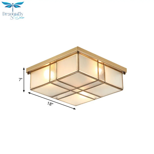 Vintage Brass Square Flush Mount Light With Frosted Glass Shades - Perfect For Bedrooms And