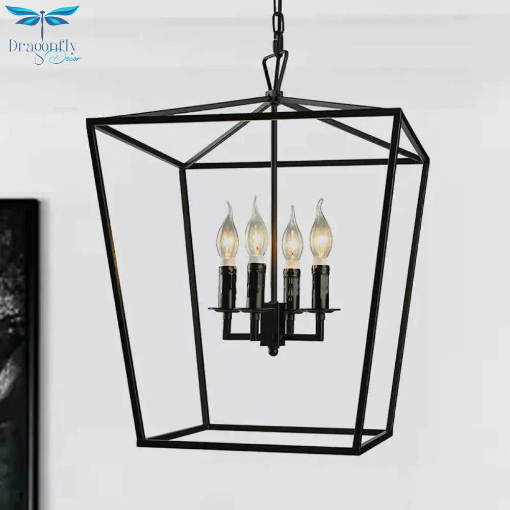 Vintage Squared Cage Chandelier Light Fixture With Candle 4 - Light Wrought Iron Medium Ceiling In