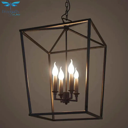 Vintage Squared Cage Chandelier Light Fixture With Candle 4 - Light Wrought Iron Medium Ceiling In