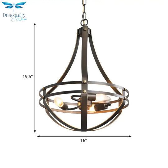 Vintage Style 3 Heads Black Pendant Lamp With Bowl Cage Metallic Shade