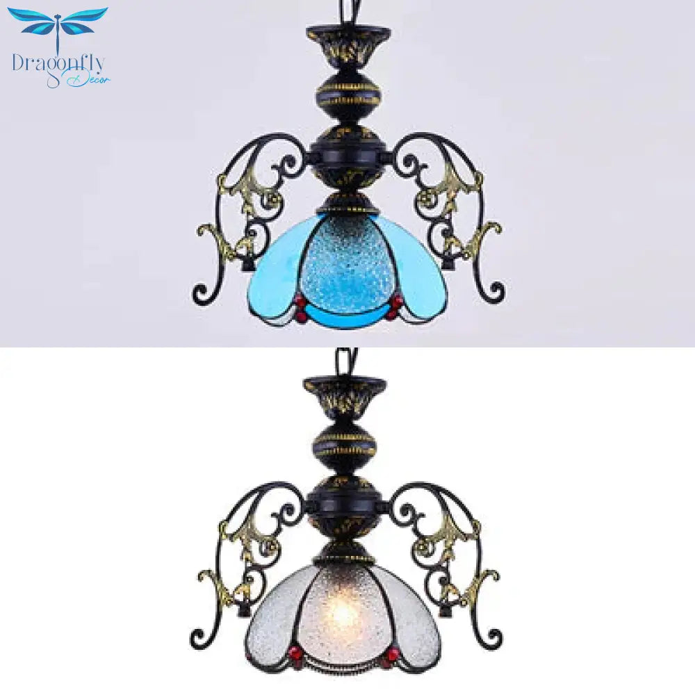 Vintage Tiffany Petal Pendant Lamp Black Finish 1 Light Stained Glass Foyer Hanging In Clear/Blue