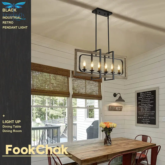 Vintage Wood Chandelier Black Industrial Retro Pendant Lights Living Room Bedroom Kitchen Farmhouse