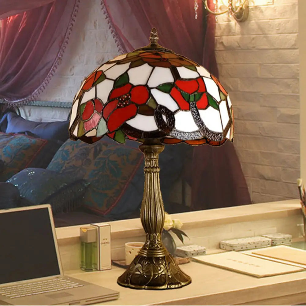 Virginie - 1 - Head Nightstand Light: Baroque Bowl Shade Stained Art Glass Blossom Bronze