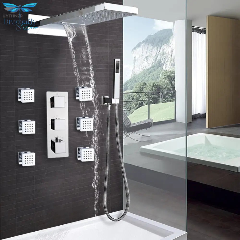 Wall Mount Thermostatic Bathroom Rain Waterfall Shower Faucets Chrome Set Bathtub Mixer Faucet Tap