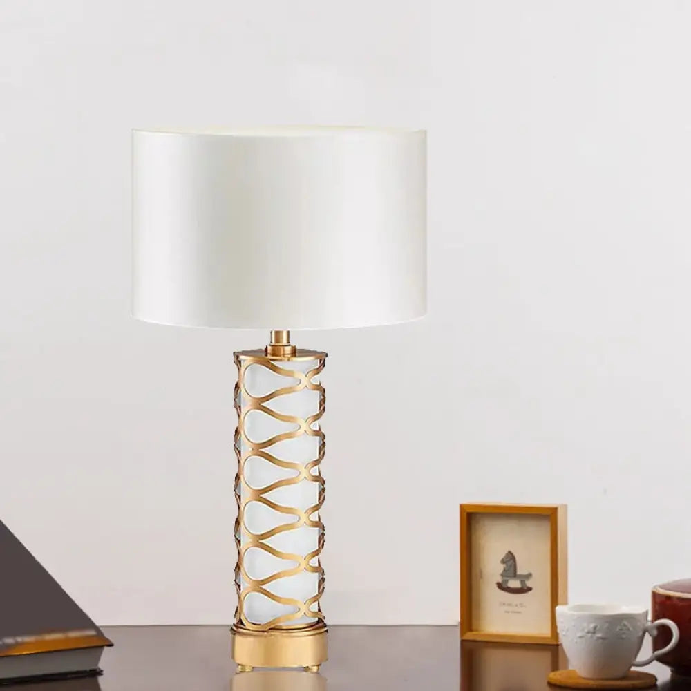 Wasat - Classic Fabric 1 - Head White Desk Light Drum Bedroom Night Table Lamp Gold