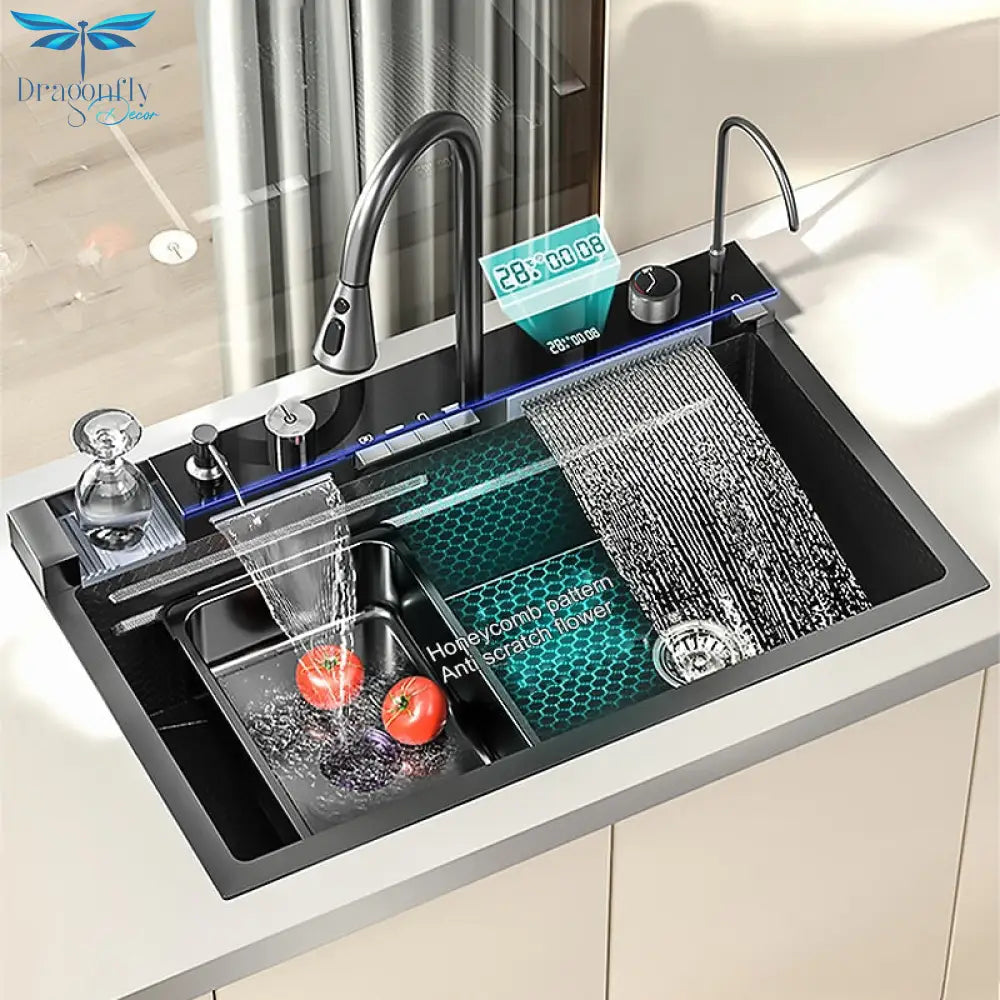 Waterfall Kitchen Sink 304 Stainless Steel Digital Display Large Single Slot Multifuctional With