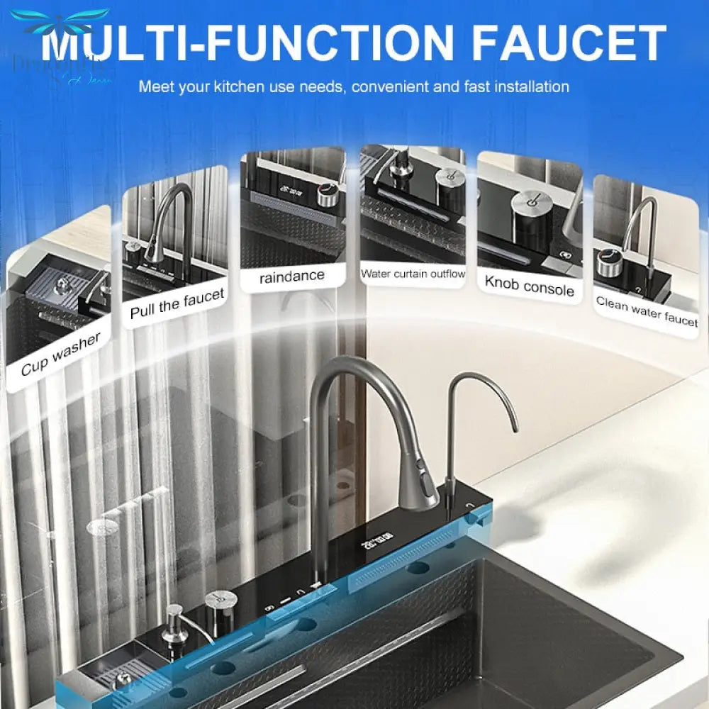 Waterfall Kitchen Sink 304 Stainless Steel Digital Display Large Single Slot Multifuctional With