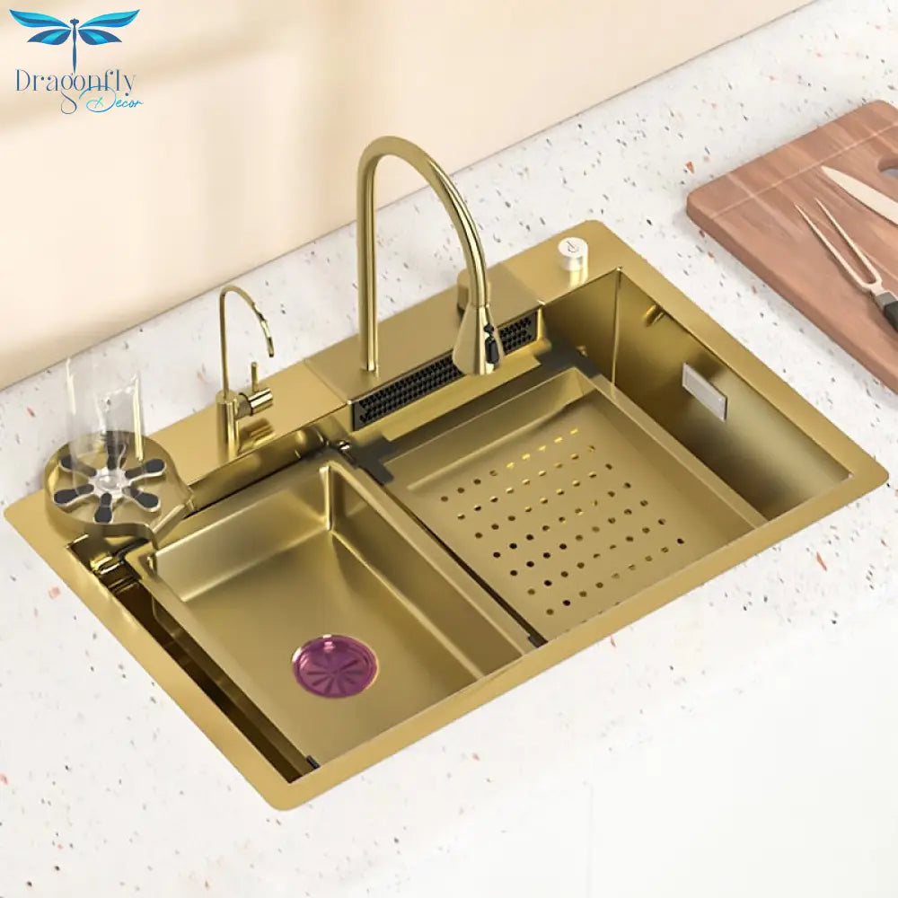 Waterfall Kitchen Sink Gold Nano 304 Stainless Steel Large Single Bowl Modern Multifuctional