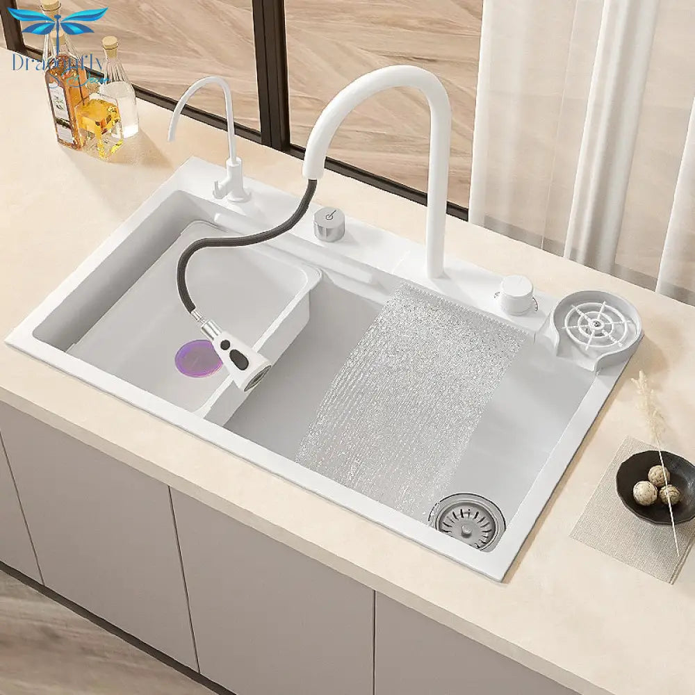 Waterfall Kitchen Sink White Large Single Slot Nano 304 Stainless Steel Sink With Faucet For Sink