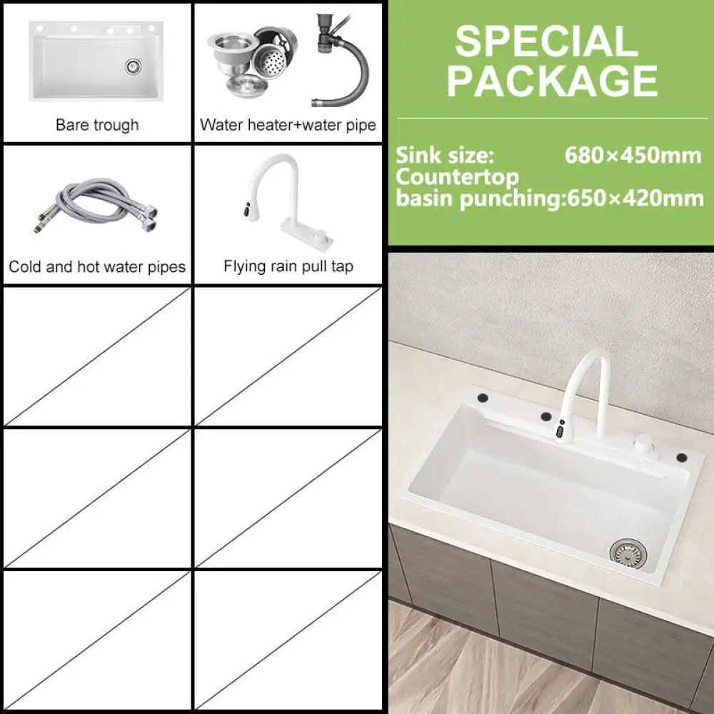 Waterfall Kitchen Sink White Large Single Slot Nano 304 Stainless Steel Sink With Faucet For