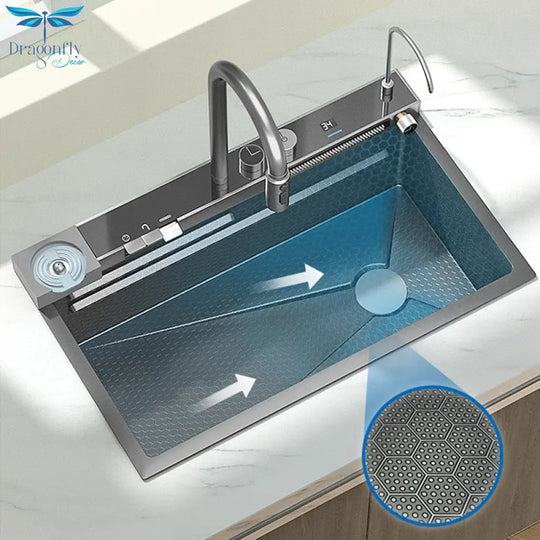 Waterfall Sink Basin Large Single Slot Digital Display 304 Stainless Steel With Faucet For Kitchen