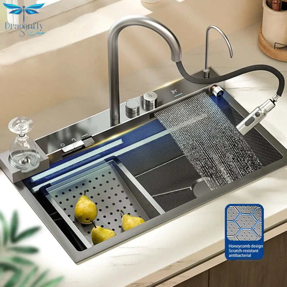 Waterfall Sink Basin Large Single Slot Digital Display 304 Stainless Steel With Faucet For Kitchen
