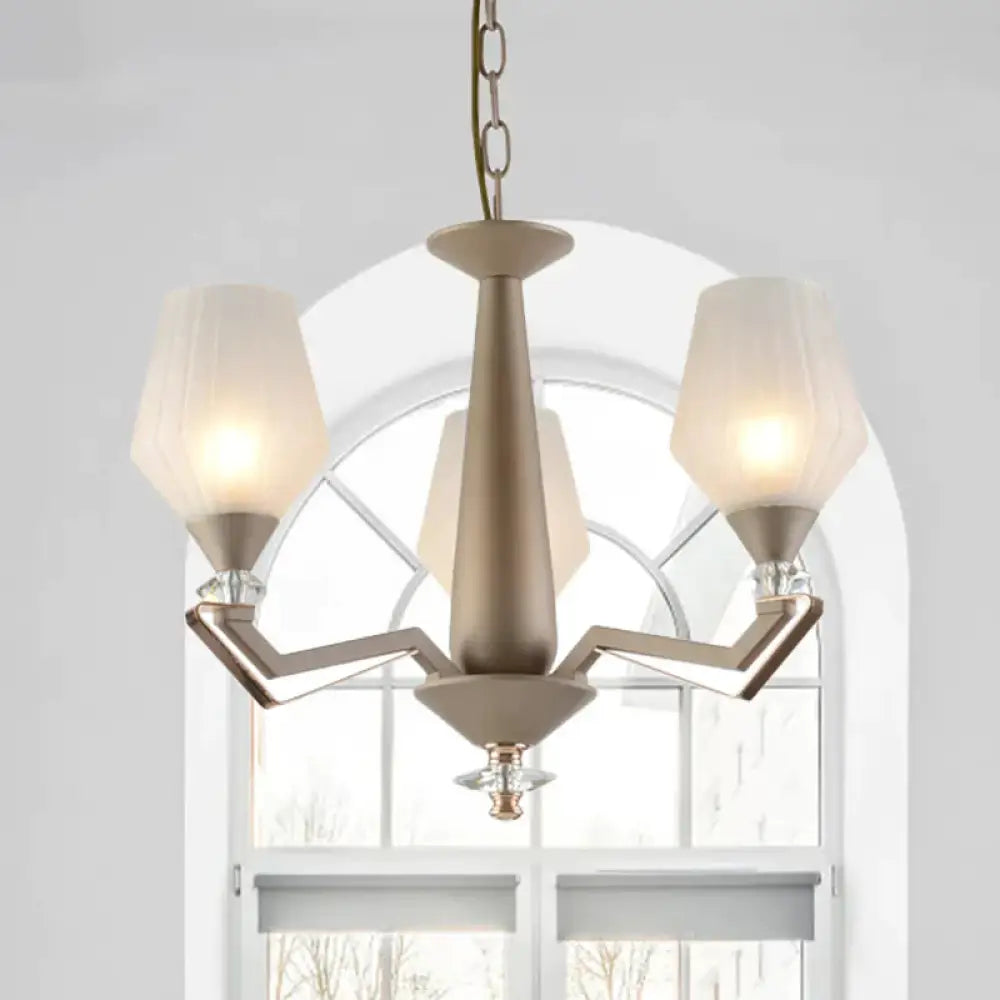 White Frosted Glass Cup Shape Chandelier Traditional 3/6 Bulbs Bedroom Pendulum Light In Gold 3 /