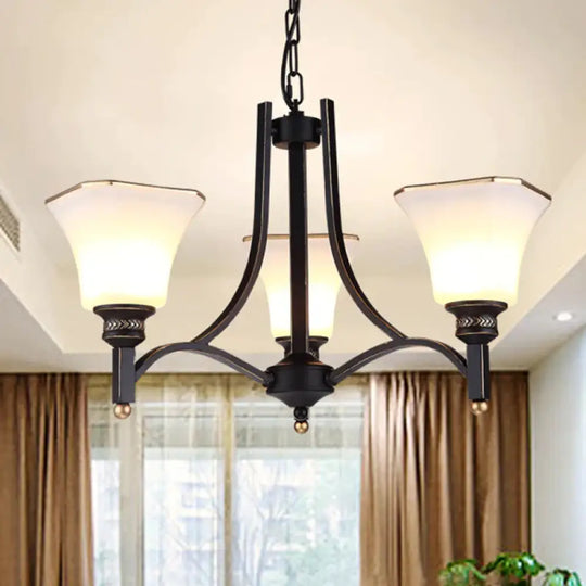 White Glass Bell Hanging Chandelier Traditional 3/6 Lights Living Room Pendant Light In Black 3 /