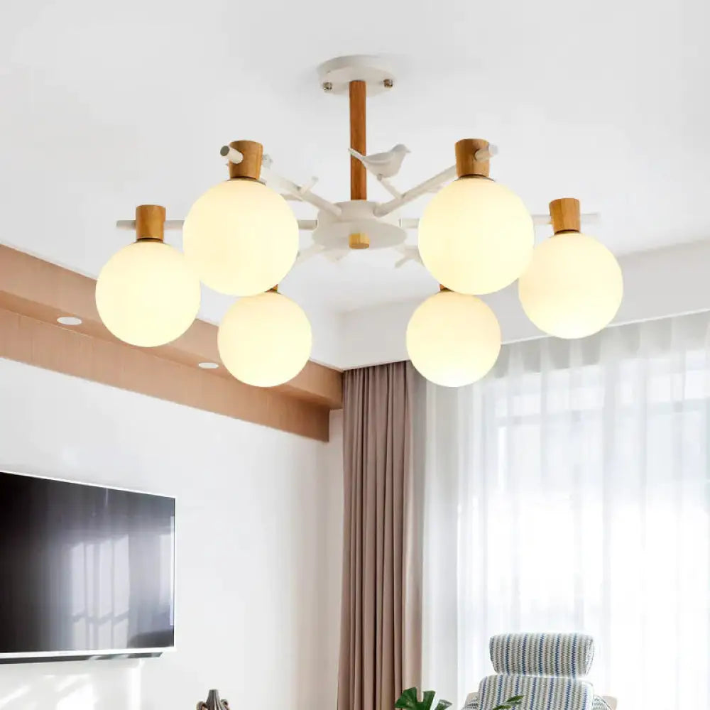 White Glass Sphere Hanging Chandelier Asian 6/8 Bulbs Pendant Lighting Fixture With Bird 6 /