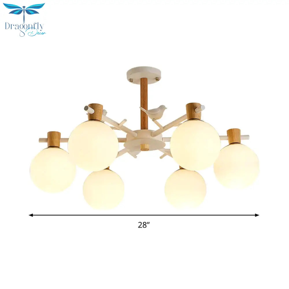 White Glass Sphere Hanging Chandelier Asian 6/8 Bulbs Pendant Lighting Fixture With Bird
