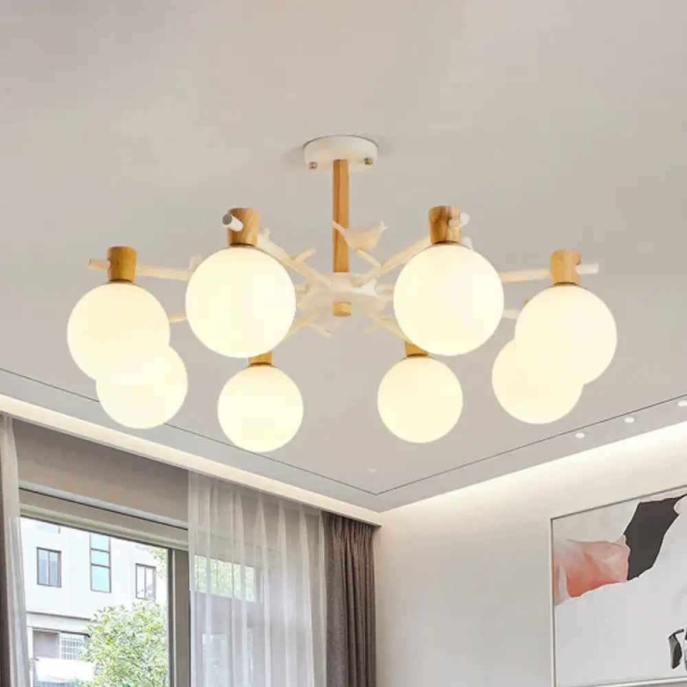 White Glass Sphere Hanging Chandelier Asian 6/8 Bulbs Pendant Lighting Fixture With Bird 8 /