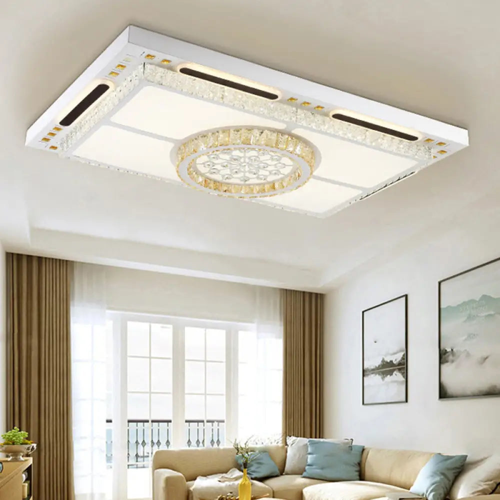 White Rectangle Ceiling Light With Crystal Shade - Contemporary Led Flush Mount Fixture