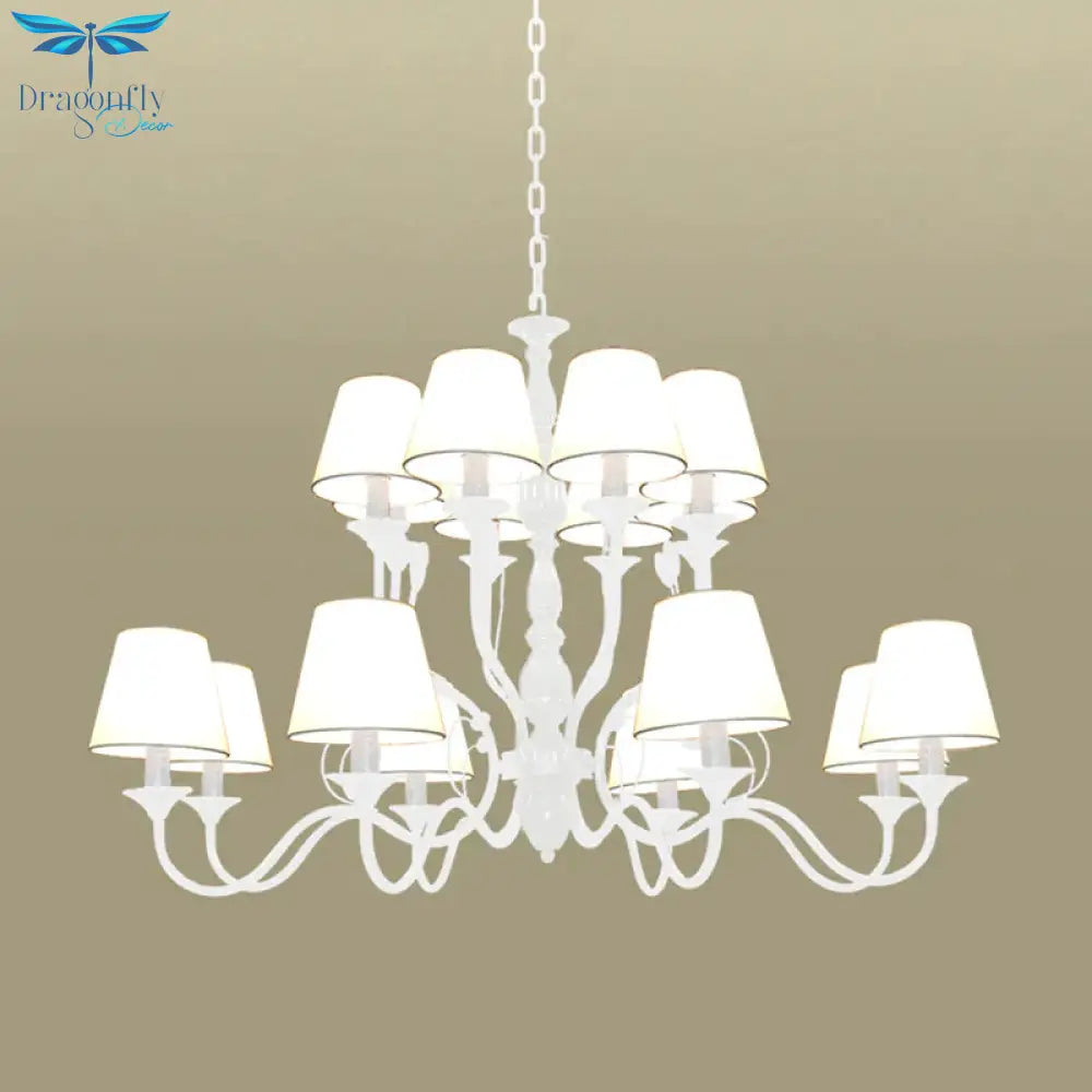 White Tapered Chandelier Lamp Traditionary Fabric 10/12/16 Bulbs Bedroom Pendant Light Fixture With