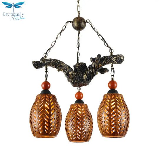 Wood Pendant Light Fixture In Brown With Resin Branch Beam 3 Heads Chandelier Lamp