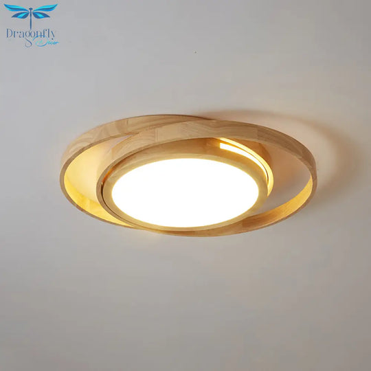 Wooden Ring Led Flush Mount Light - Nordic Style Beige Ceiling Lamp For Bedroom