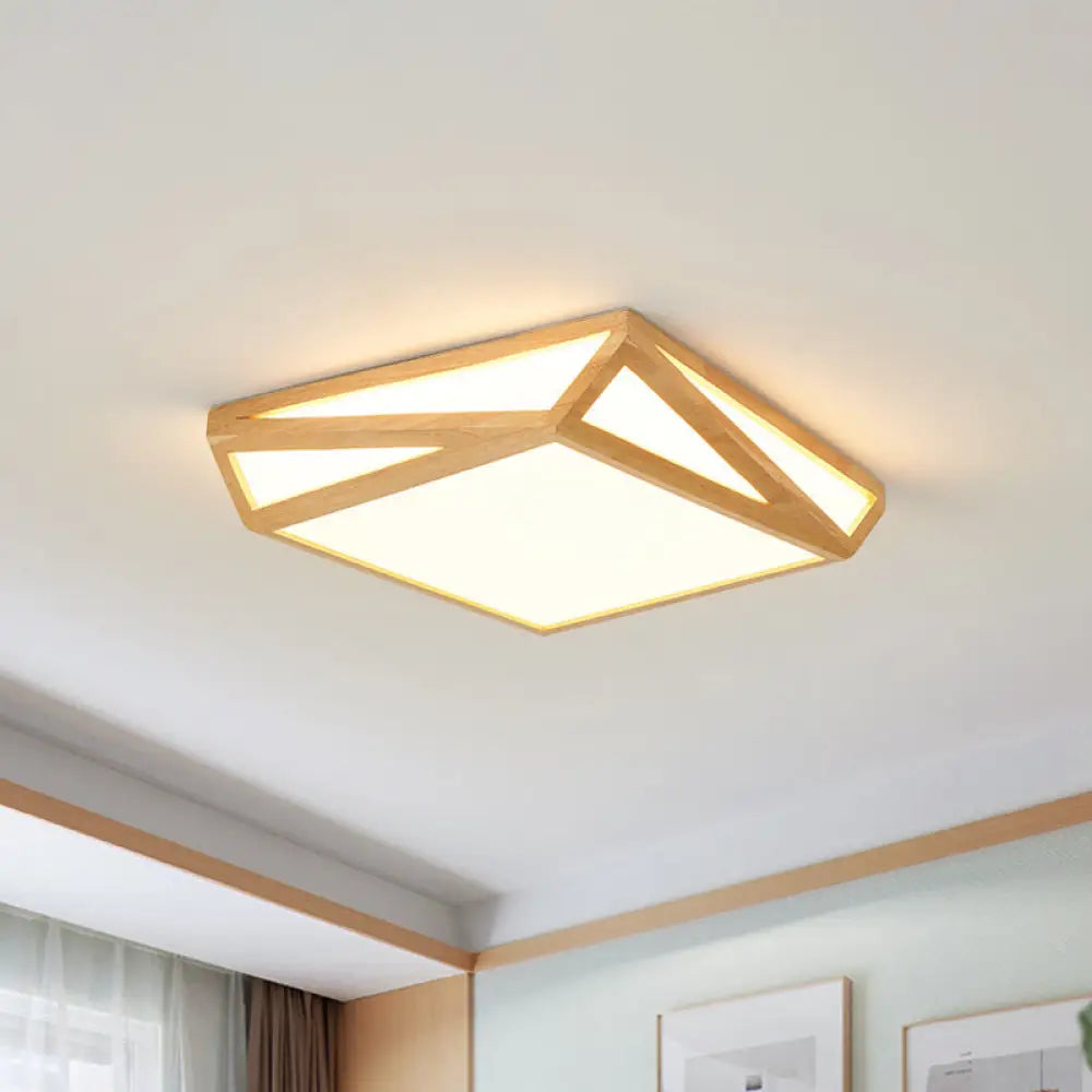 Wooden Square Flush Mount Light Contemporary Bedroom Led Ceiling Lighting Fixture In Beige