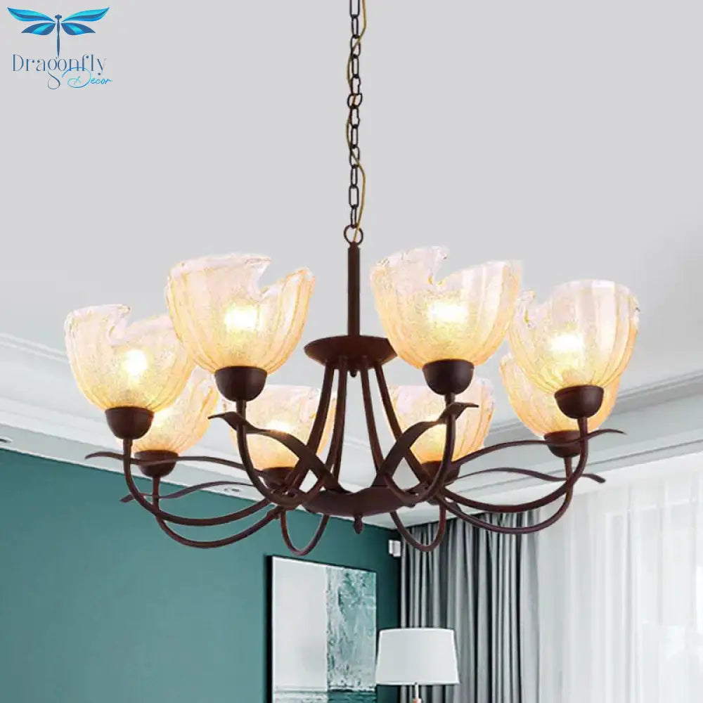 Yellow Water Glass Black Chandelier Light Bowl 8 Lights Countryside Hanging Pendant With Swirl Arm