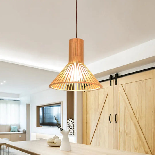 Yvette - Asian Bamboo Flared Pendant Lamp: Beige Hanging Light Fixture / Small D